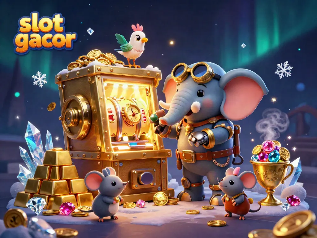 Tarikan slot gacor dengan elemen steampunk dan harta karun berkilauan dalam ilustrasi 3D