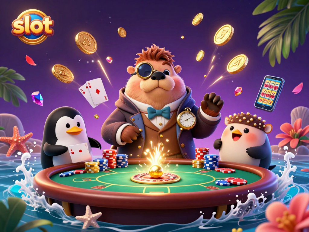 Spin slot reels and garner jackpots at an entertaining underwater casino scene featuring whimsical characters.