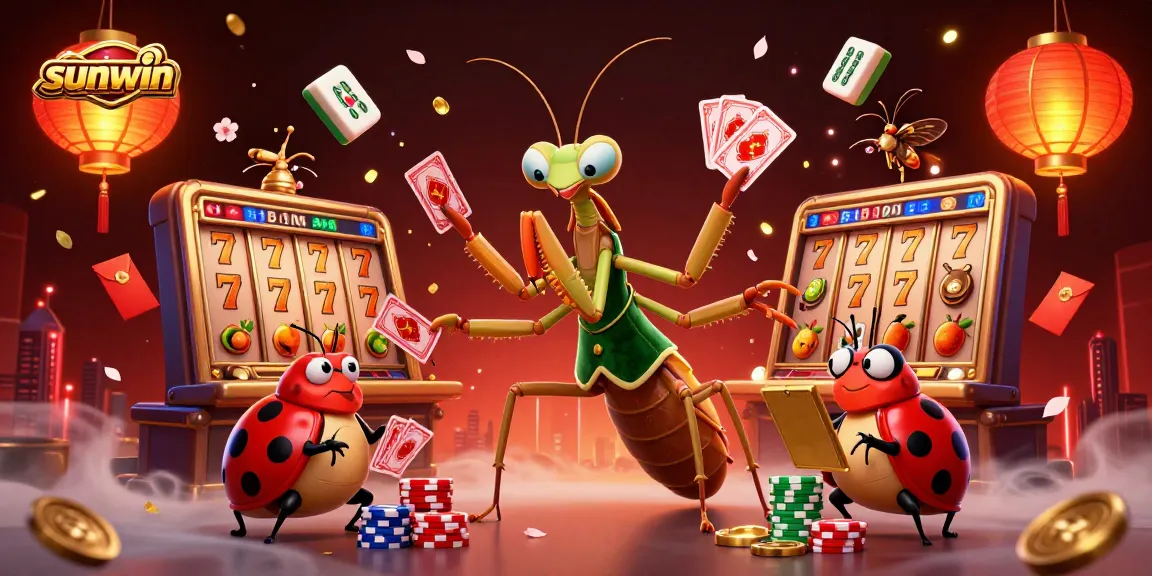Sunwin casino scene featuring a giant praying mantis dealer, slot reels, and festive elements.