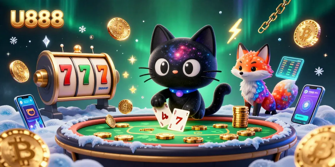 Playing at U888, a cosmic casino scene with a black hole cat and a nebula fox surrounded by vibrant slot elements and cryptocurrency icons.