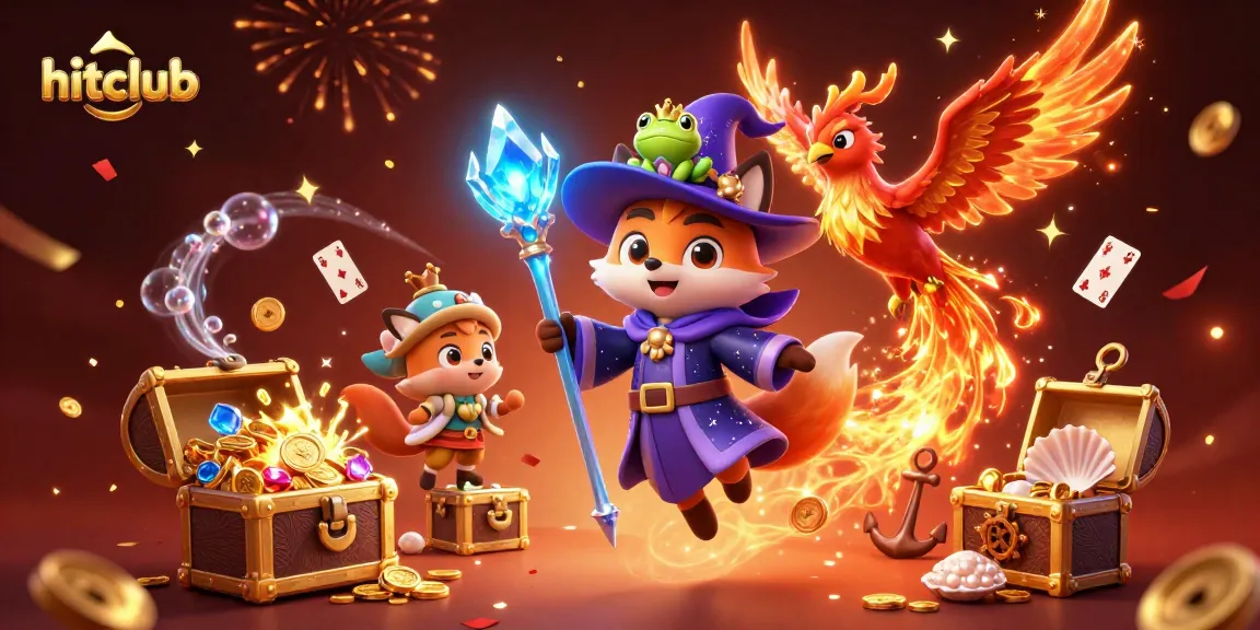 Hitclub's wizard fox conjures fun and fortune with casino elements amidst vibrant celebration.