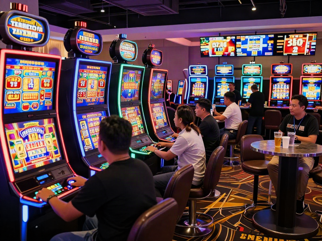 Exciting scene of slot online terpercaya with players at bright casino floor, colorful slot machines, and lively atmosphere.