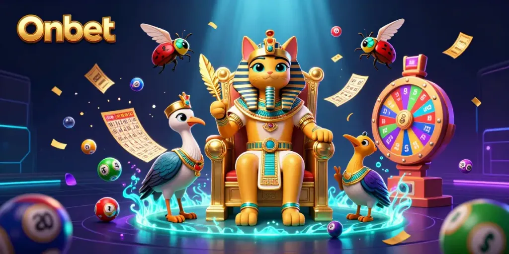 Onbet pharaoh cat celebrates winning with dynamic lottery elements and vibrant casino features.