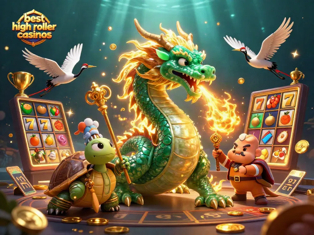 Experience the best high roller casinos with a vibrant 3D illustration showcasing dragon, sage, and gaming elements.