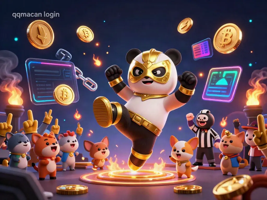 Experience the thrill of qqmacan login with a lively, animated scene of a panda wrestler and cheering animal fans.