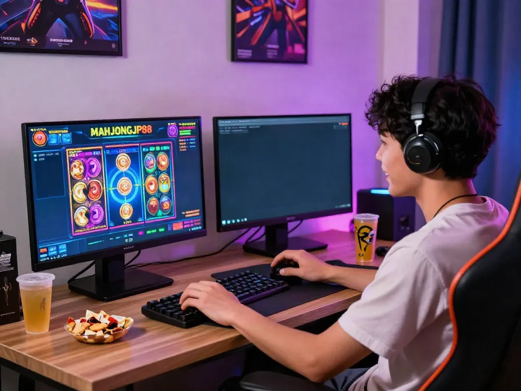 Engaging scene of a player enjoying situs slot gacor thailand on dual monitors with colorful graphics.