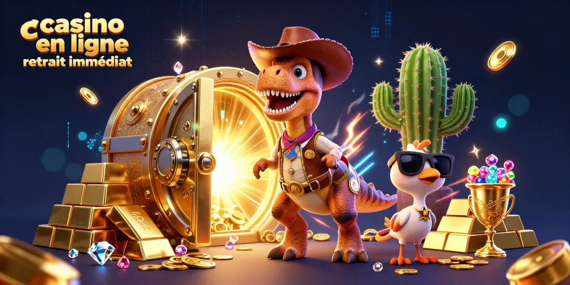 Découvrez le casino en ligne retrait immédiat, avec un T-Rex cowboy entouré de richesses et d'effets lumineux.