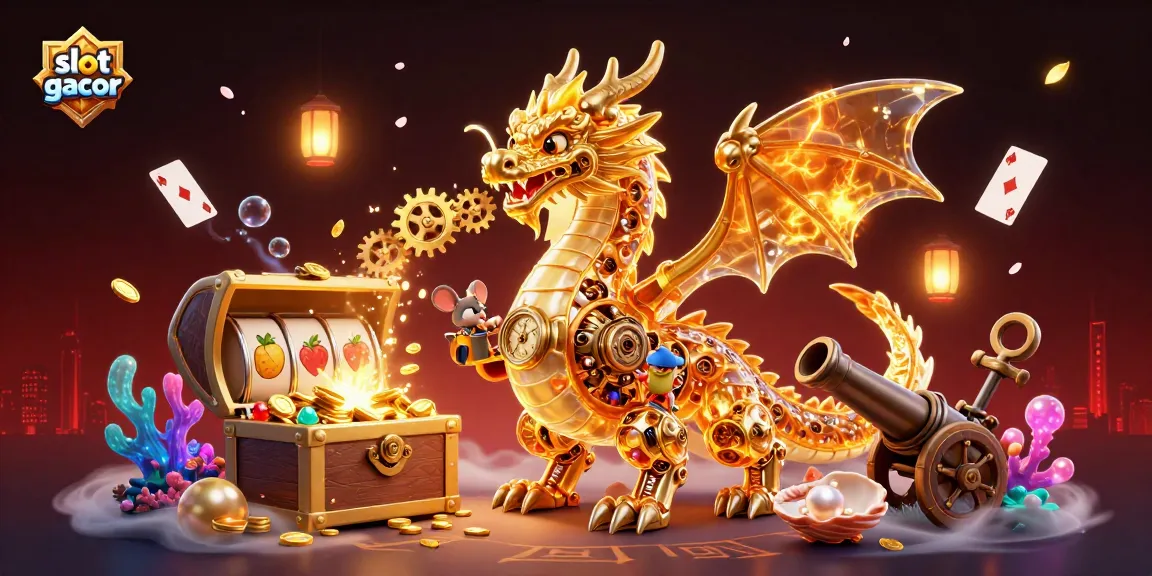 Experience the thrill of slot gacor with a detailed illustration of a golden dragon, treasure, and game elements.