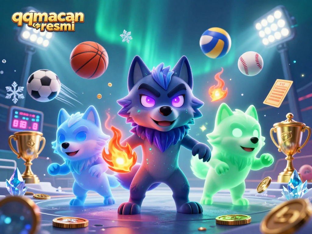 Bet on qqmacan resmi with a vibrant 3D scene featuring a ghostly wolf pack and sports elements.