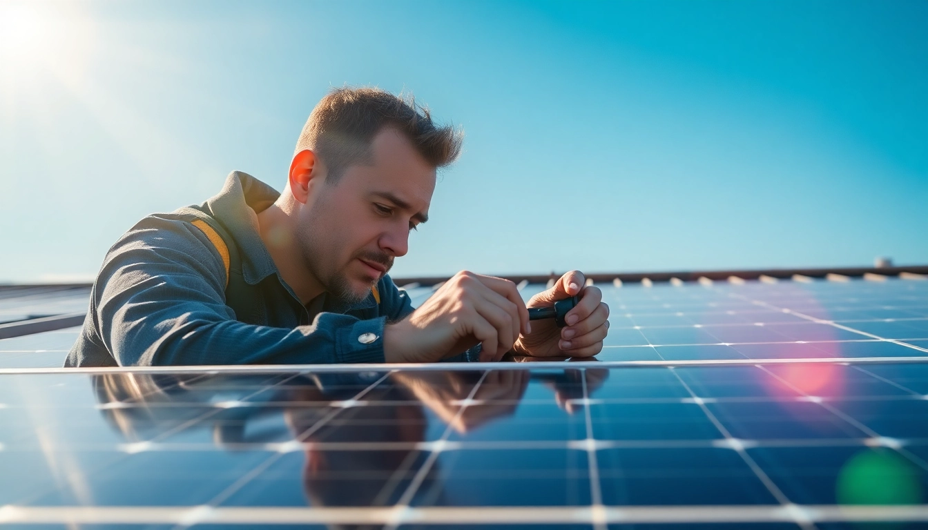 technician engaged in solar panel repair on a roof, showcasing expertise and environment