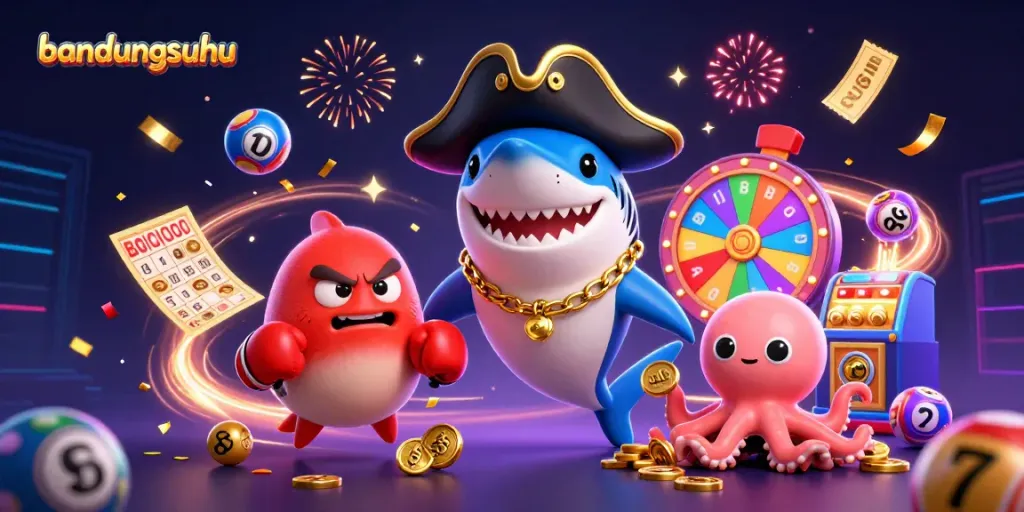 Experience the excitement of bandungsuhu with dynamic characters and colorful lottery elements in a vibrant scene.