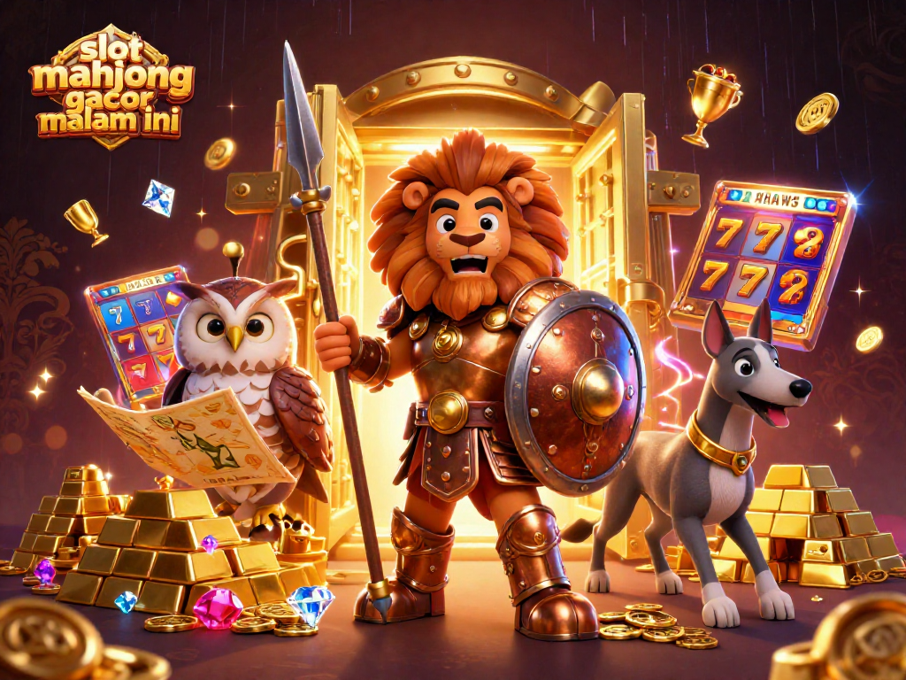 Engage in thrilling slot mahjong gacor malam ini with 3D cartoon characters amidst treasure and winnings.