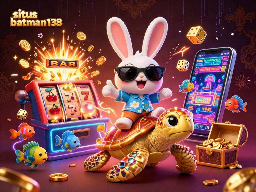 situs batman138 menampilkan kelinci beruntung yang mengendarai kura-kura emas, dengan elemen slot dan jackpot