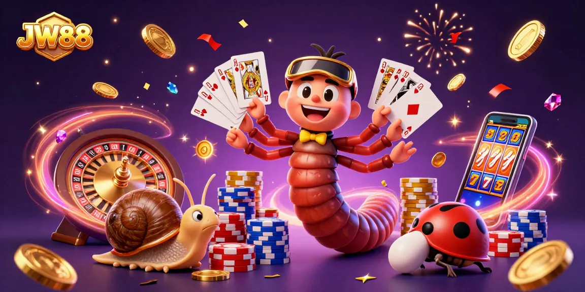 Experience the excitement of JW88 with a lively digital casino scene featuring a millipede dealer, high-roller snail, and colorful chips!