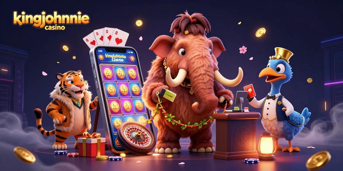 Engage with kingjohnnie casino showcasing a vibrant 3D scene of characters and gaming elements.