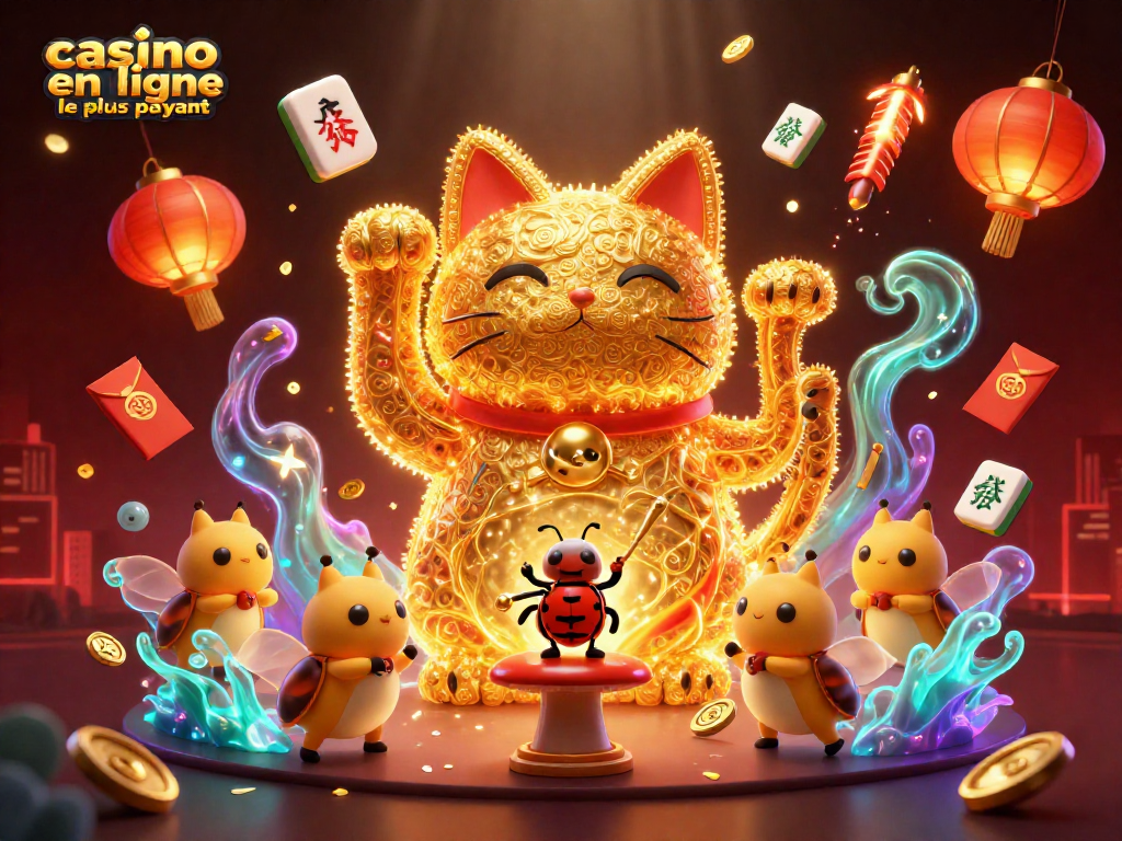 Profitez des gains au casino en ligne le plus payant avec un chat porte-bonheur animé et des symboles de chance.