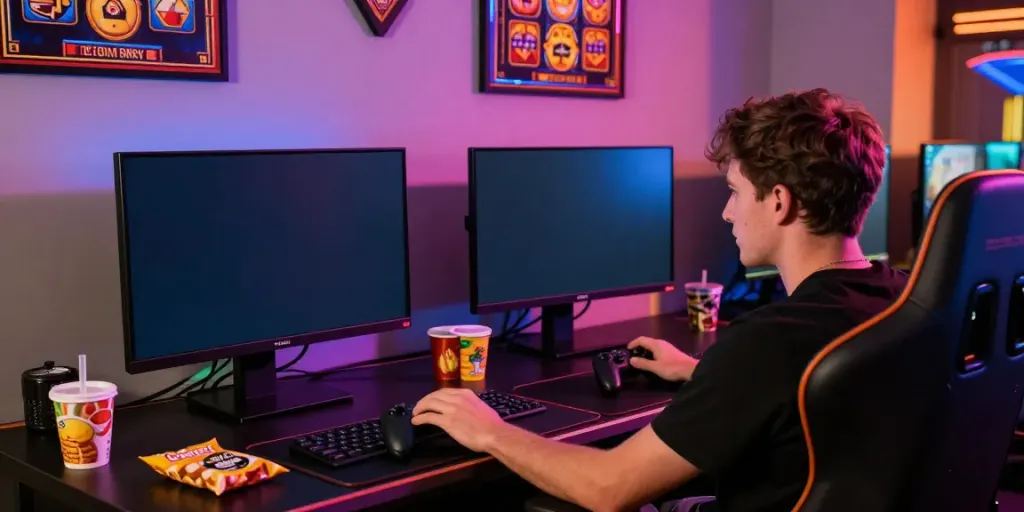 Exciting online gaming setup with player enjoying สล็อตเว็บตรง slot games, colorful lights and snacks creating a vibrant atmosphere.