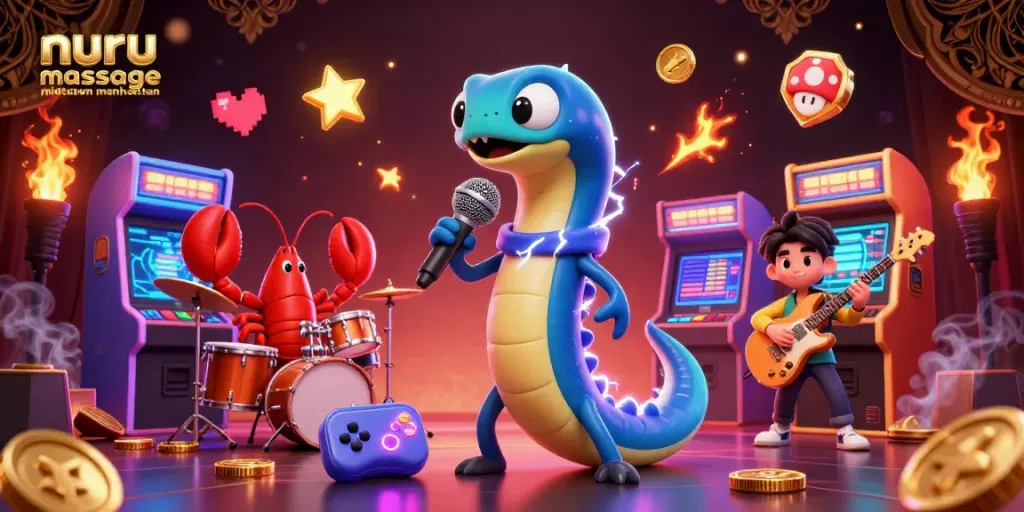 Nuru massage Midtown Manhattan illustrated with an electric eel DJ, lobster drummer, and seahorse guitarist in a vibrant casino scene
