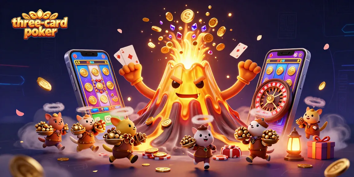Exciting three-card-poker scene with golden volcano erupting and dynamic gaming elements.