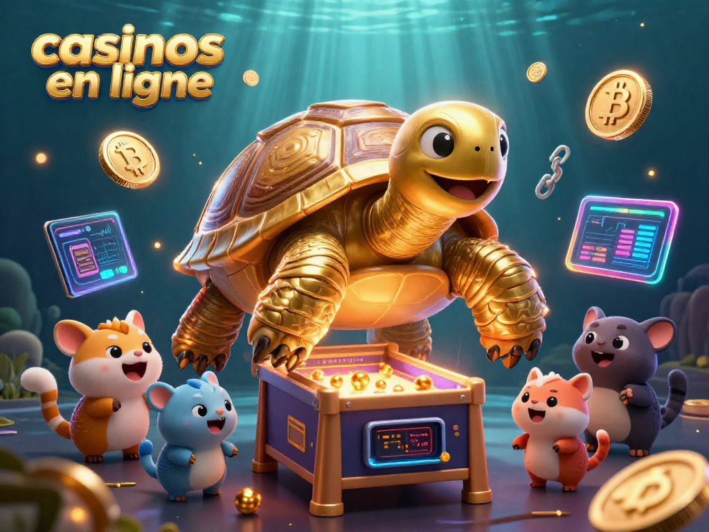 Jouez sur les meilleurs casinos en ligne avec cette illustration dynamique présentant une tortue géante et des pièces de crypto-monnaie.