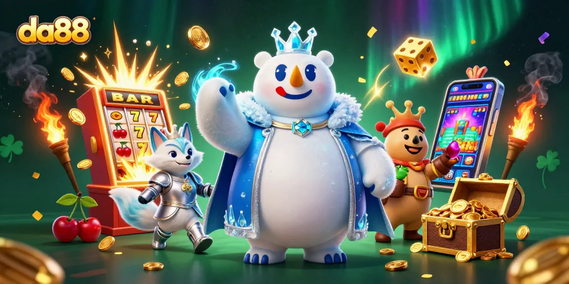 Win big at da88 with a dynamic scene of a jackpot explosion and whimsical characters.
