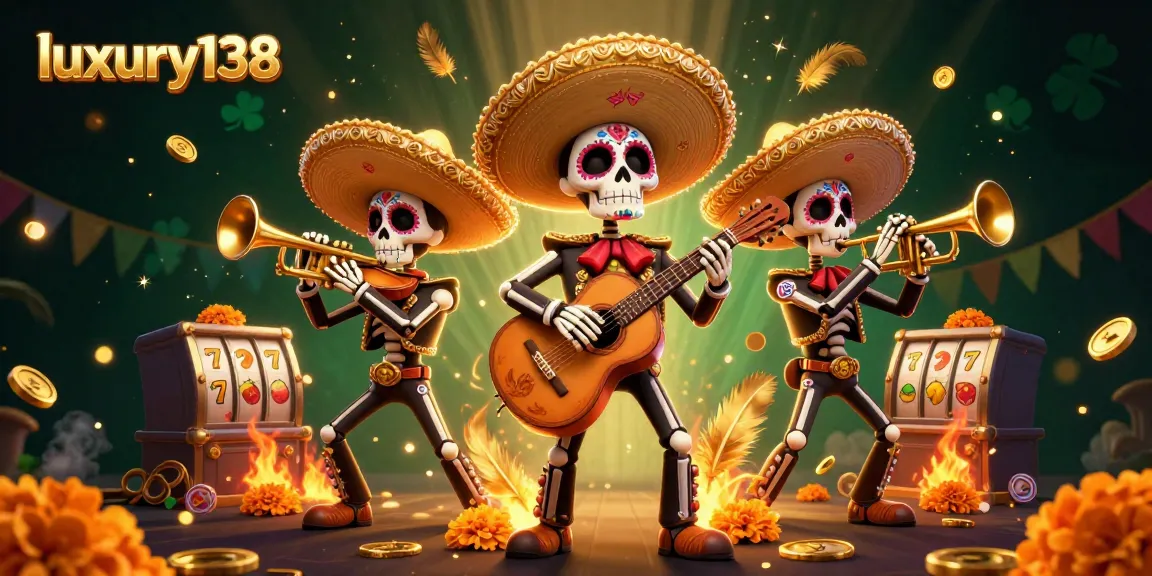 Luxury138 menyajikan visual slot dan skeleton mariachi di lingkungan penuh keberuntungan.