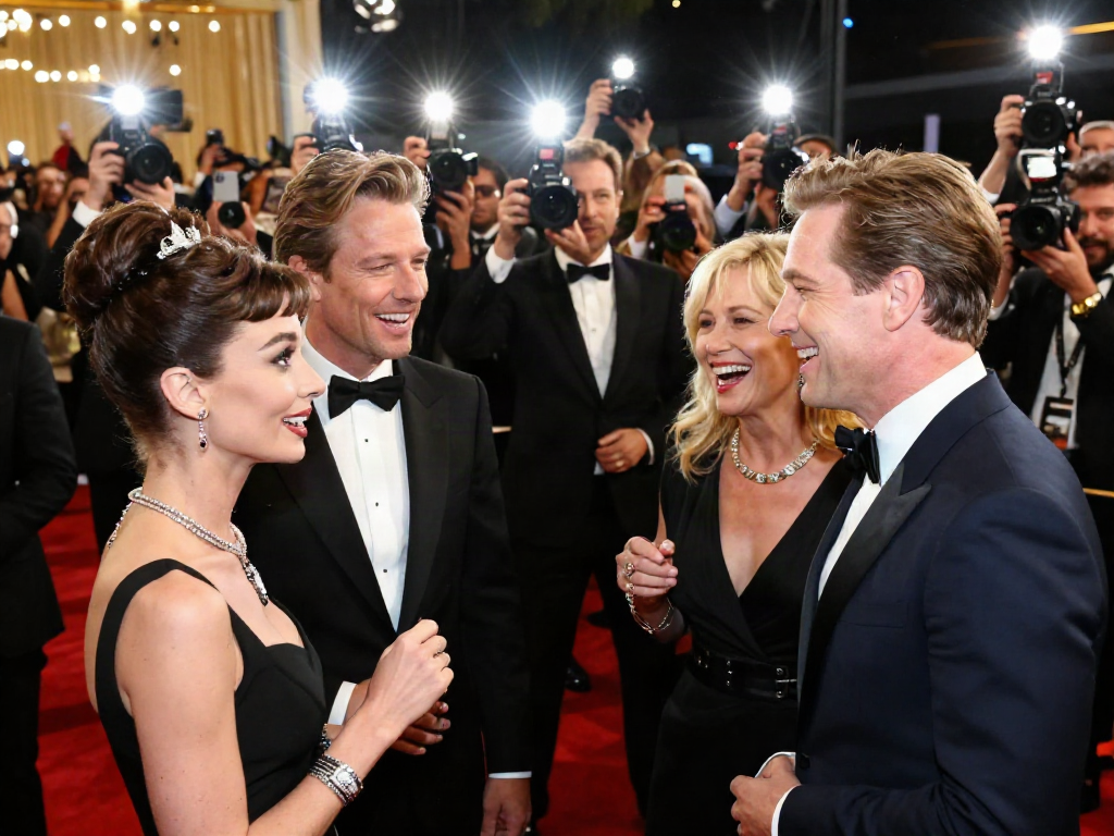 Celebrities that look alike at a vibrant Hollywood awards ceremony, showcasing joyful expressions and striking resemblances.