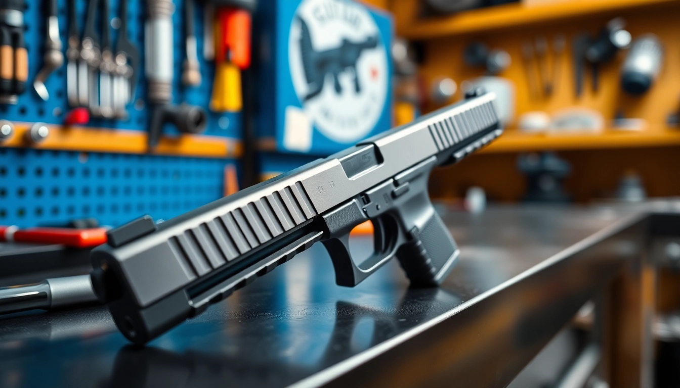 Examine the glock 43x slide on a workbench showcasing its premium craftsmanship and design details.