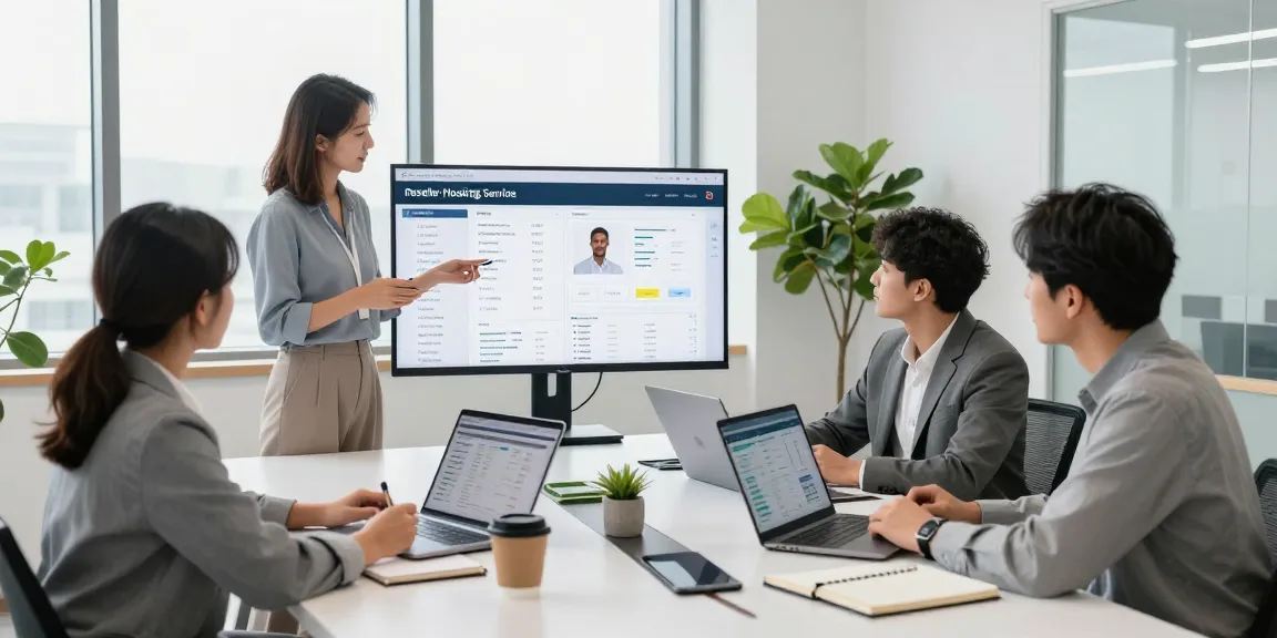 Equipo colaborando en estrategia de reseller hosting en oficina moderna.