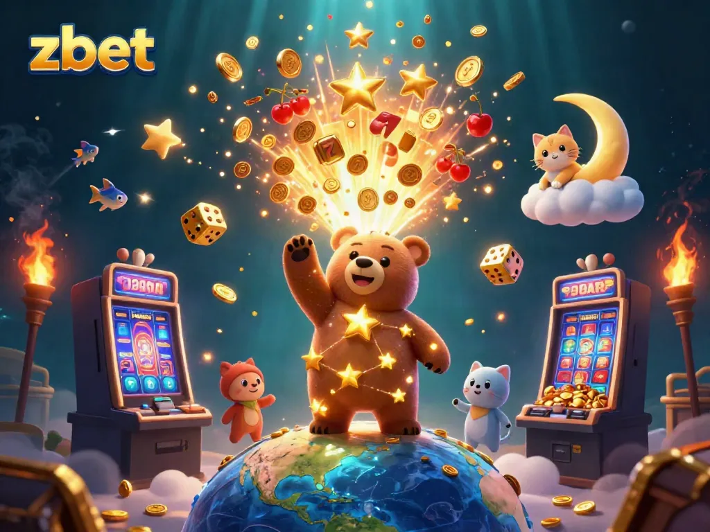 Experience the joy of winning at ZBET with a dazzling slot machine and playful characters in a vibrant casino scene.