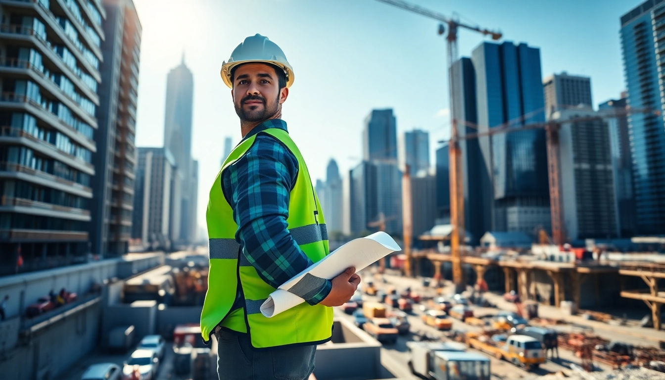 Manhattan Construction Manager overseeing a busy construction site with urban skyscrapers