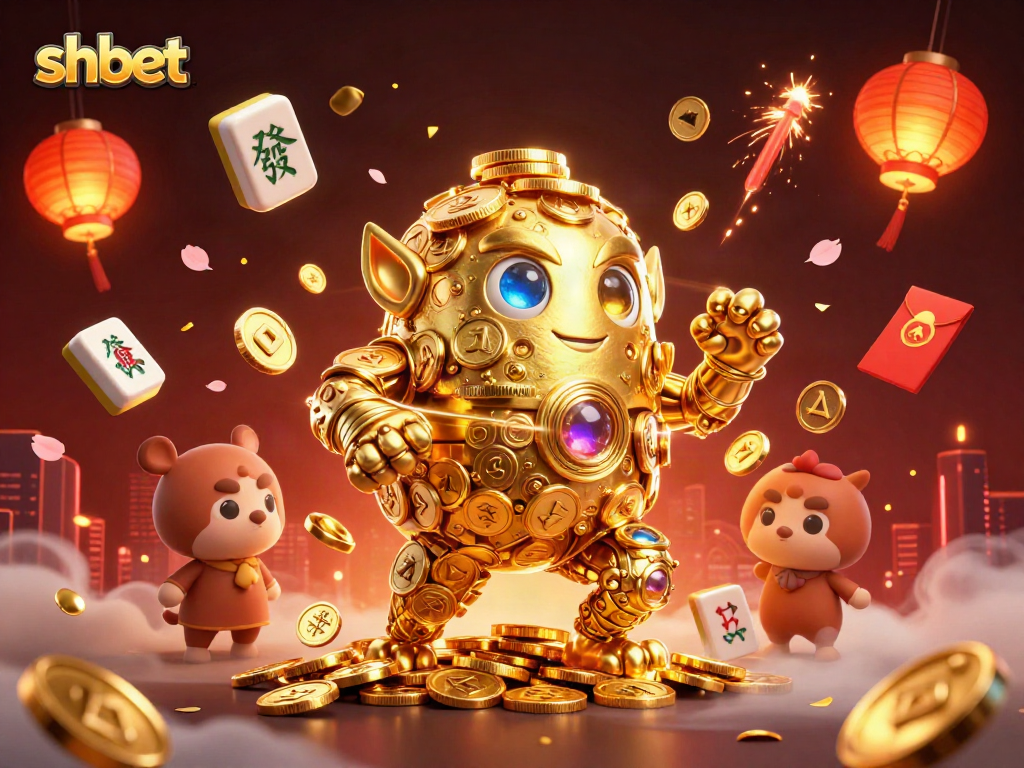 Experience the thrill of shbet with a mesmerizing 3D casino illustration featuring a golden golem and festive elements.