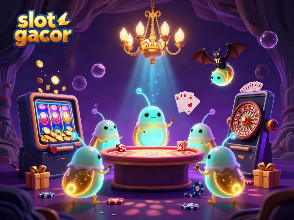 Experience the thrill of slot gacor with a vibrant and lively casino scene featuring colorful characters and games.