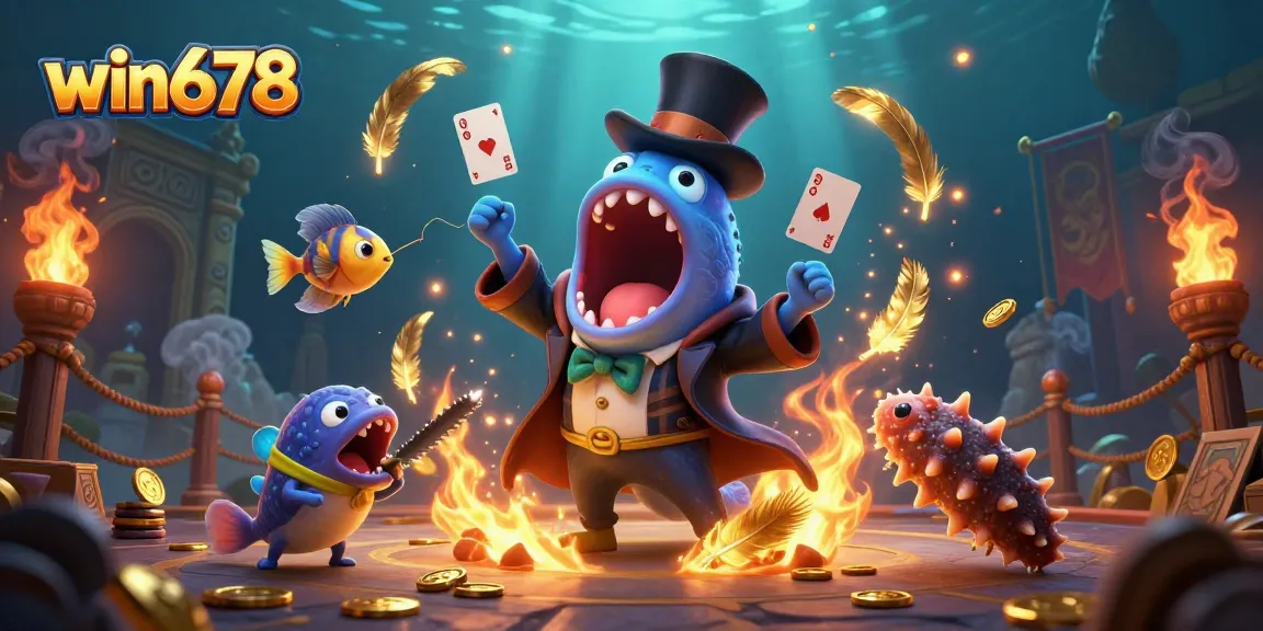Win678's vibrant underwater casino scene with interactive magic tricks and shining betting tokens.