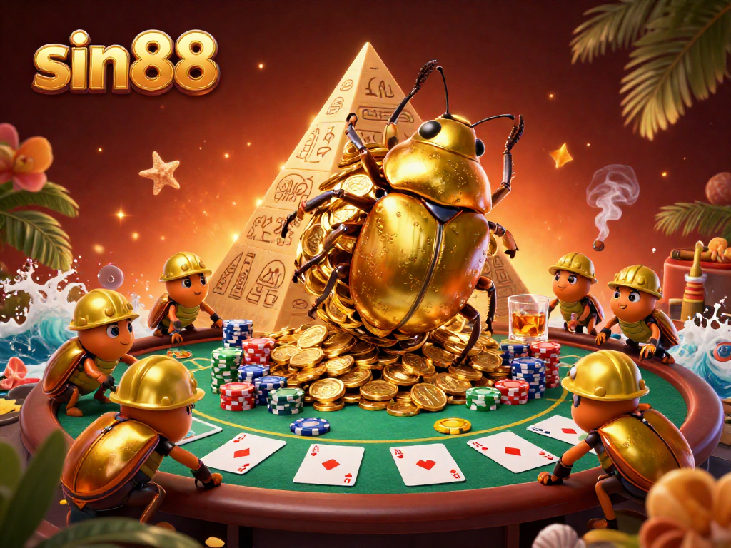 Engage in thrilling gaming with sin88 as a golden beetle rolls coins in a vibrant casino scene.