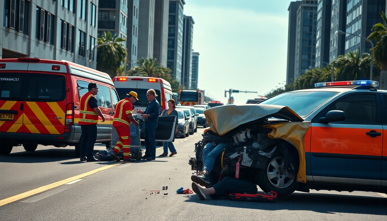 First responders at a road accident scene assisting the injured amid a busy urban background.