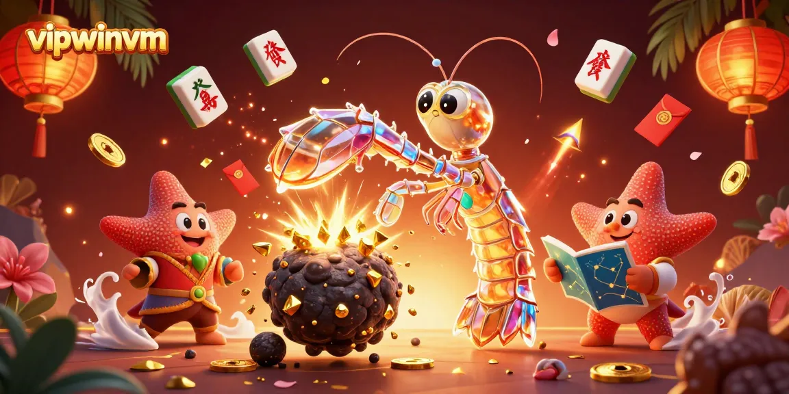 Join in the gaming excitement with vipwinvm, featuring an explosion of gems and coins from a crystal armored mantis shrimp!