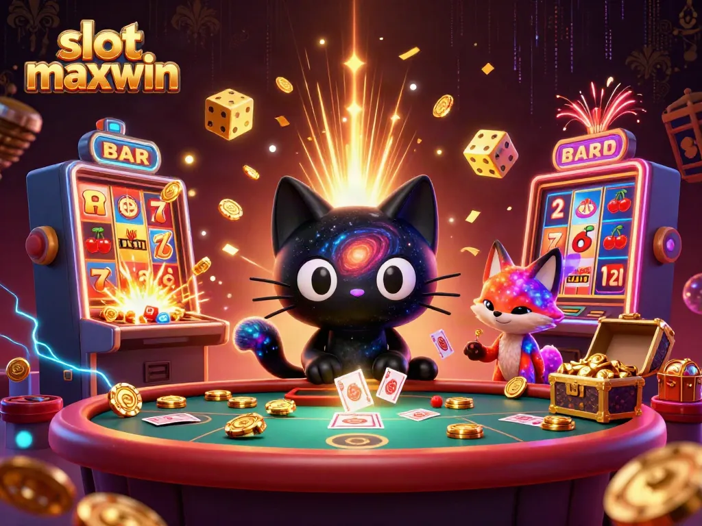 Experience the thrill of slot maxwin with a cosmic cat and nebula fox at a vibrant casino table.