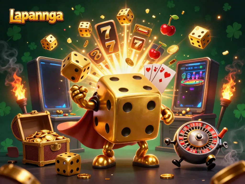 Permainan Lapannaga dengan karakter dadu emas melawan slot jackpot yang meledak penuh koin.