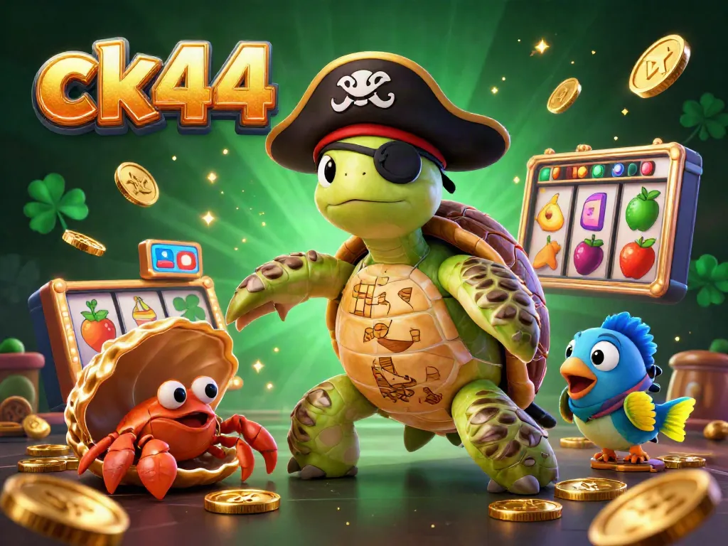 Engage with ck44's vibrant 3D casino adventure featuring a pirate turtle amidst slot games.