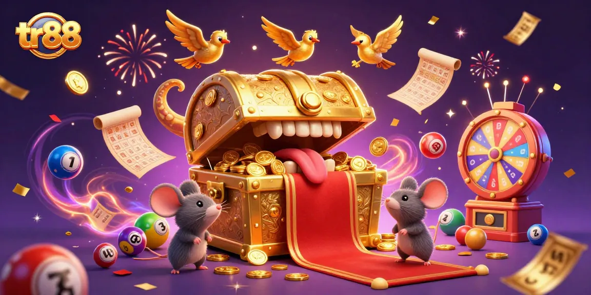 Experience thrilling wins at tr88 with an enticing golden treasure chest and vibrant casino elements surrounding it.