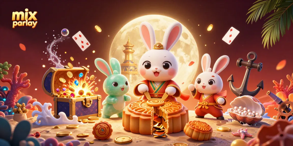 Gambar mix parlay menampilkan kelinci bulan yang memukul kue bulan emas berdampingan dengan desain kasino yang penuh warna.