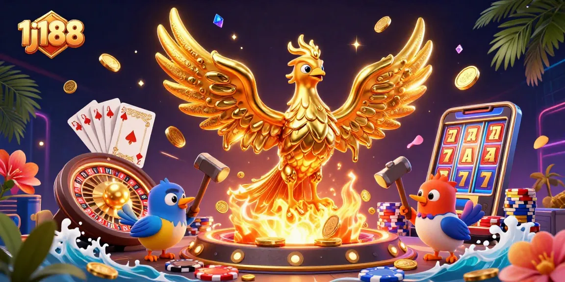 Experience thrilling wins at 1j188 with the molten golden phoenix surrounded by cascading coins and jackpot elements.
