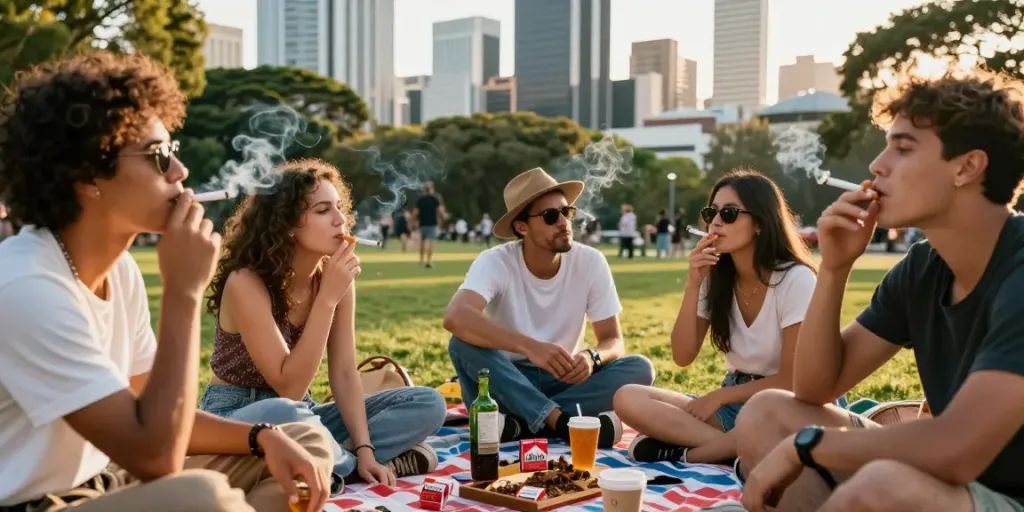 Friends enjoying budget cigarettes and top smokes in Australia, celebrating outdoor moments.