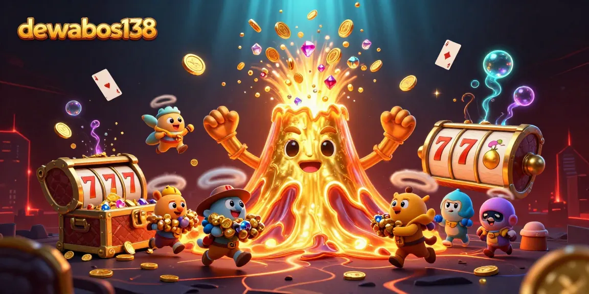 Spin and win with DEWABOS138's golden volcano erupting coins and treasures, highlighting casino excitement.