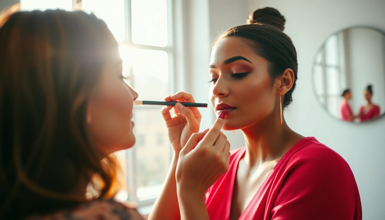 HD makeup application Dallas in a modern studio with a professional artist applying makeup.