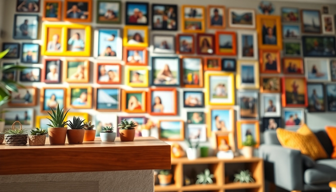 Create a lively photo wall with colorful frames celebrating joy and memories.