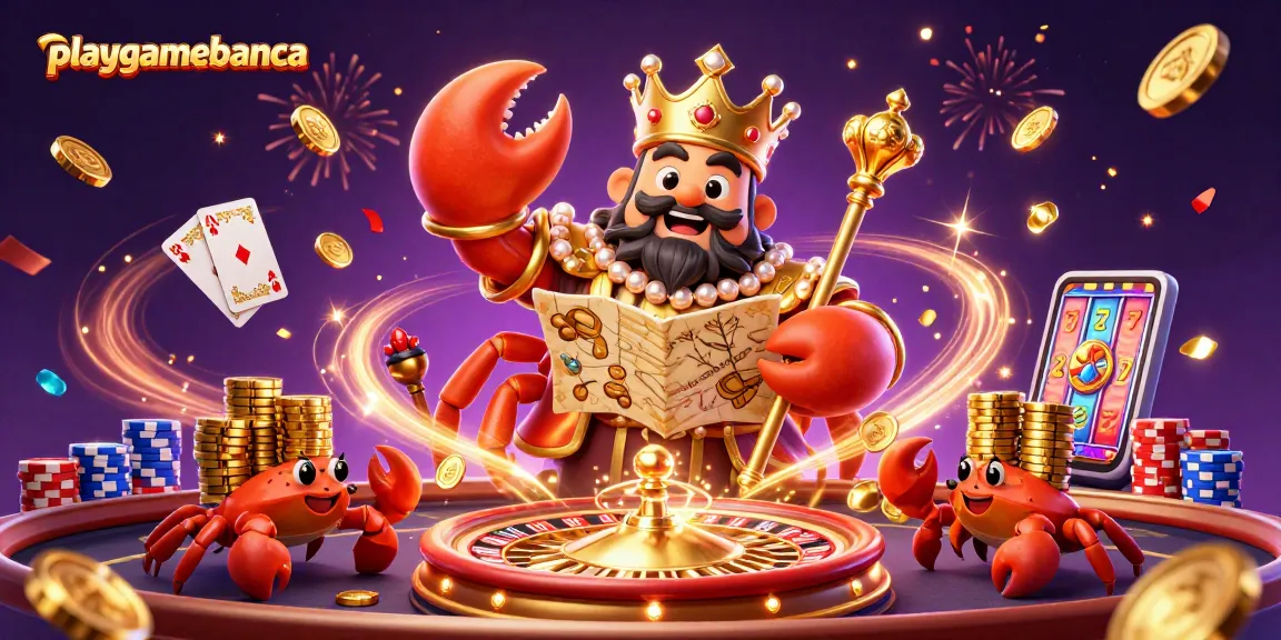 Experience thrilling gameplay with playgamebanca's stunning golden crab illustration amidst casino excitement.