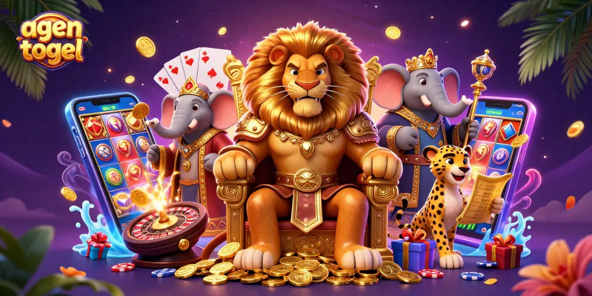 Experience the excitement of agen togel with a vivid, dynamic 3D casino-themed illustration showcasing a royal lion and lively characters.