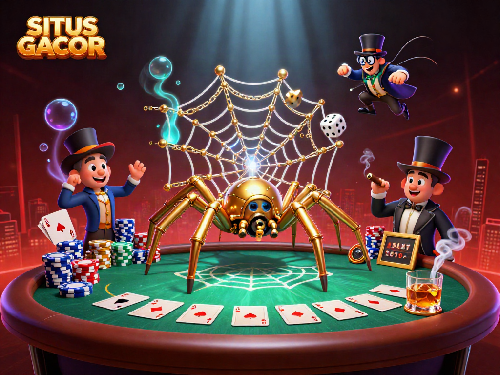 SITUS GACOR highlights an excited scene where a steampunk spider entangles dice amid a vibrant casino atmosphere.